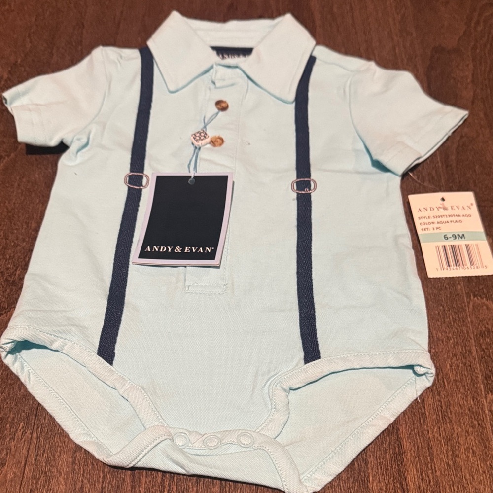 Andy & Evan Light Blue Bodysuit/Onesie with Dark Blue Accents-Size 6-9 months